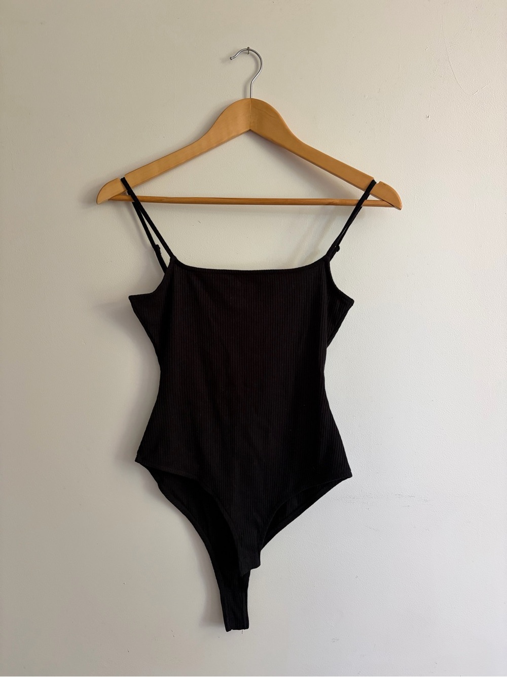 Sezane Pamela Black Ribbed Spaghetti-Strap Bodysuit